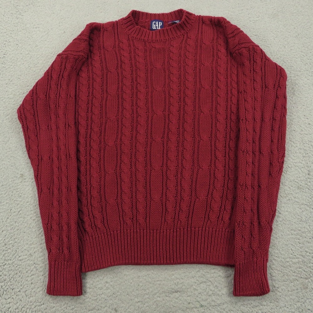 VTG Gap Sweater Mens Medium Chunky Cable Knit Pullover Crewneck Burgundy Jumper